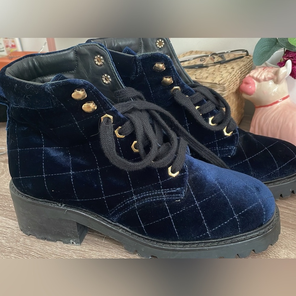 Sandro Designer Blue Quilted Velvet Boots — Barely worn. Women’s size 37/US 6.5